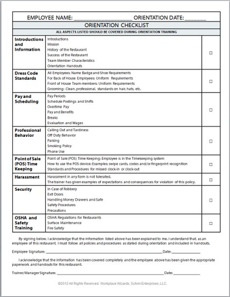 Restaurant Organization Ideas, Restaurant Checklist, Training Checklist, New Employee Orientation, Cleaning Schedule Templates, Restaurant Consulting, Starting A Restaurant, Restaurant Cleaning, Employee Onboarding