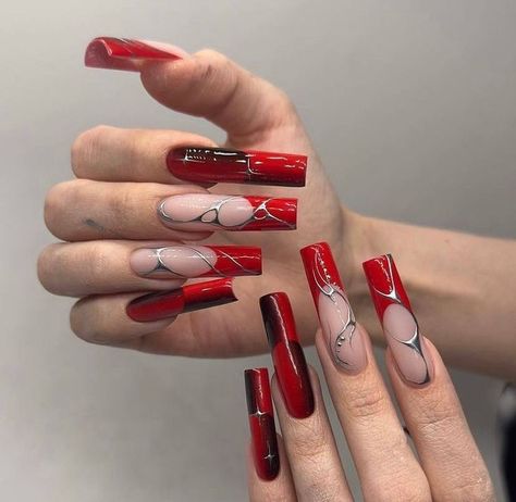 Long Gel Nails Ideas, Black With Red Nails, Black And Red Nail Designs, Red Long Nails, Black And Red Nails, Long Square Nails, Drip Nails, Goth Nails, Grunge Nails