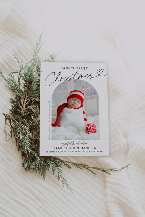 Celebrate your little one's first Christmas in style with this customizable birth announcement card template! Perfect for spreading holiday cheer and sharing your baby's arrival with loved ones. Easy to edit, download, and print at home. Ideal for new moms, photographers, and anyone looking for a personal touch to their Christmas greetings. #christmasbaby #christmasbirthcard Christmas Card Birth Announcement, Mistletoe Printable, Holiday Birth Announcement, Christmas Birth Announcement, Christmas Mistletoe, Birth Announcement Photos, Newborn Announcement, Birth Announcement Template, Holiday Card Template