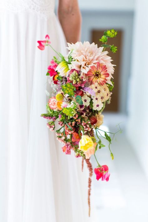 Cascading Pink Dahlia, Sweet Pea and Wildflower Bouquet. #wedding #flowers #brides #floral #women's #weddinginspiration Wedding Bouquets Dahlia, Bouquet Styles, Dahlia Wedding, Orchid Bouquet Wedding, Small Wedding Bouquets, Cascading Bridal Bouquets, Cascading Wedding Bouquets, Pink Dahlia, Blush Bouquet