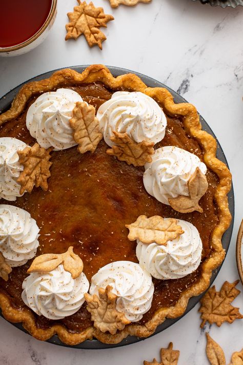 Our classic pumpkin pie totally made from scratch, from the best pie crust recipe ever to a pumpkin filling that is perfectly spiced and creamy, it is a must-make every Thanksgiving. #pumpkinpie #thanksgivingdesserts #pierecipe Best Pie Crust Recipe, Vegan Pumpkin Pie Recipe, Classic Pumpkin Pie Recipe, Classic Pumpkin Pie, Oh Sweet Basil, Buttery Pie Crust, Vegan Whipped Cream, Vegan Pumpkin Pie, Pumpkin Pie Recipe