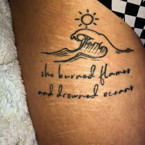 quote tattoo with ocean and sun. Semi colon hiddin in the crest of the wave and sun Ocean Semi-colon Tattoo Ideas, Ocean Wave Memorial Tattoo, Survived Tattoo Ideas, Wave And Semi Colon Tattoo, Ocean Tatoos Woman, Tattoos For Surviving, Ocean Quotes Tattoo, Surviving Tattoos, Survival Tattoos For Women