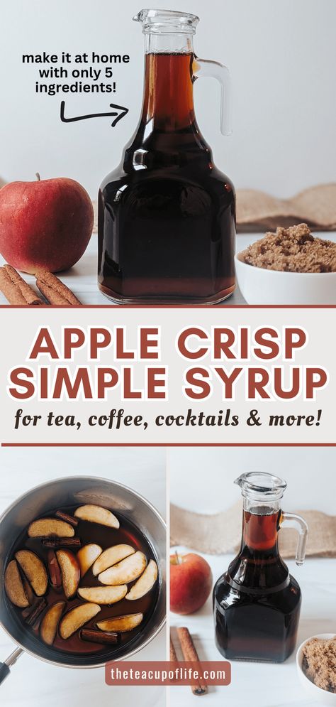 Step aside pumpkin, apple is here! This homemade Apple Crisp Simple Syrup is made with brown sugar, apples and cinnamon to taste like the timeless fall dessert. Use this simple syrup to sweeten and flavour tea, coffee, ice cream and so much more. Apple Crisp Simple, Apple Cinnamon Tea Recipe, Apple Syrup Recipe, Apple Cinnamon Tea, Homemade Coffee Syrup, Brown Sugar Simple Syrup, Homemade Apple Crisp, Apple Brown Sugar, Cinnamon Drink