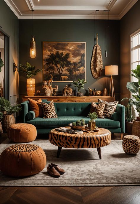 48 Super Cute Dream Room Inspirations for Ultimate Coziness! 18 Green And Cheetah Living Room, Dark And Cozy Living Room, Jungle Living Room Ideas, Living Room Lighting Ideas Low Ceiling, Dream Room Ideas, Morning Room Ideas, Snug Lounge, Munich Apartment, Jungle Home Decor