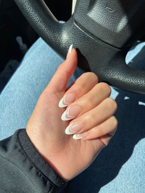 French Tip Acrylic Nails With Silver Line, Silver French Tip Nails Round, Formal French Tip Nails, White French Tip Nails Two Lines, Almond French Tip With Glitter Line, Medium Length Almond Nails French Tip, White French Tip Nails With Glitter Almond, Medium Almond Nails Designs Classy, White And Silver Nails French Tip