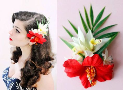 Hair Clip Styles, Tropical Accessories, Hair Fascinators, Rockabilly Accessories, Retro Updo, Pinup Hair, Tiki Style, Rockabilly Hair, Hair Flowers