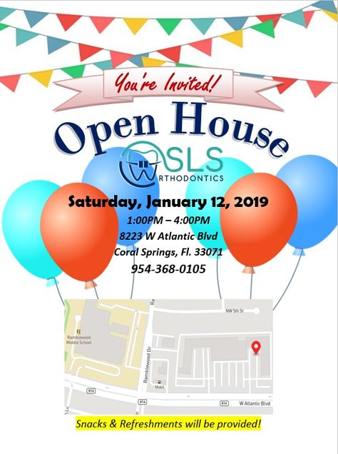 COME JOIN US! January 12, 2019 for our Grand Opening/Open House! Come meet the doctor and the staff and have a good time with refreshments and snacks provided! #Orthodontist #Orthodontics Dental Ideas, Staff Ideas, Adult Braces, Clear Aligners, January 12, Party Flyer, The Doctor, Grand Opening, Good Time