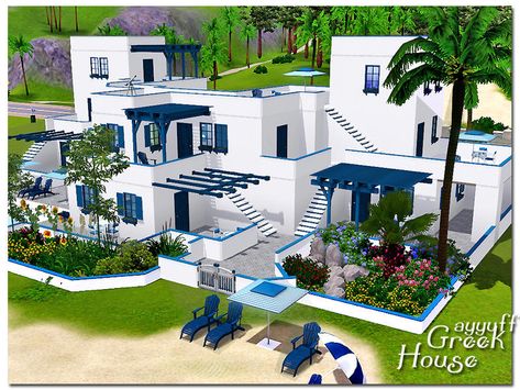 ayyuff's Greek Houses *Furnished* Sims 4 Greek House, Modern Greek House, Sims Reference, Ancient Roman Houses, Greece House, Santorini House, Greek Villas, Greek House, House Design Exterior