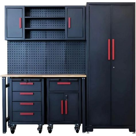 HPDAVV 6-Pcs Workshop Cabinet Set in Black with Workbench - Perfect for Organizing Garage and Tools - Included Steel Cabinets Drawers Shelving Rolling Chest 81.5"L 18.5"D 76"H Assembled Cabinet Kit - Walmart.com Organizing Garage, Metal Garage Cabinets, Workshop Cabinets, Tool Board, Cabinets Drawers, Steel Cabinet, Garage Cabinets, Garage Tools, Tool Chest