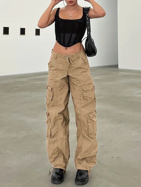 High Waist Vintage Cargo Pants For Hiking Streetwear Flap - Temu | Temu Affiliate Program Kakis Pants Outfit, Khaki Cargo Pants Outfit, Pants Embellished, Cargo Pants Baggy, Vintage Overalls, Cargo Pants Outfit, Y2k Pants, Athleisure Women, Shein Outfits