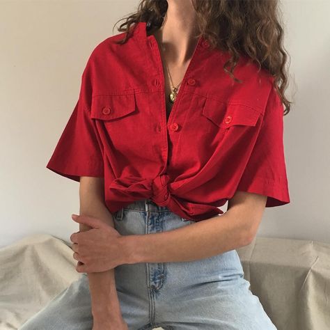 Button Up And Jeans, Red Minimalist, Jeans Aesthetic, Minimalist Clothes, Aesthetic Life, Ulzzang Fashion, Beautiful Colours, Red Button, Cozy Place