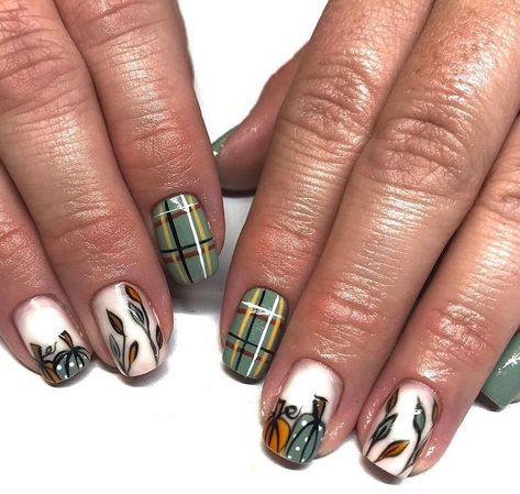 Fall Nail Designs Flannel, Fall Plaid Nail Art, Pumpkin And Plaid Nails, Pumpkin Plaid Nails, Plaid Nails Fall, Fall Plaid And Leaf Nails, Fall Plaid Nails, Fall Gingham, Leaf Nail Art