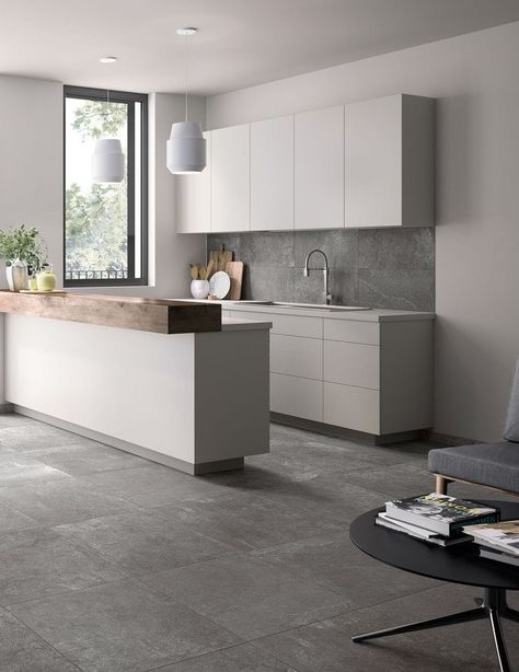 Modern Kitchen Tiles Design, Contemporary Kitchen Tiles, Grey Kitchen Tiles, Modern Kitchen Tiles, Modern Grey Kitchen, Minimal Kitchen Design, Grey Kitchen Floor, Grey Kitchen Designs, Grey Interior Design