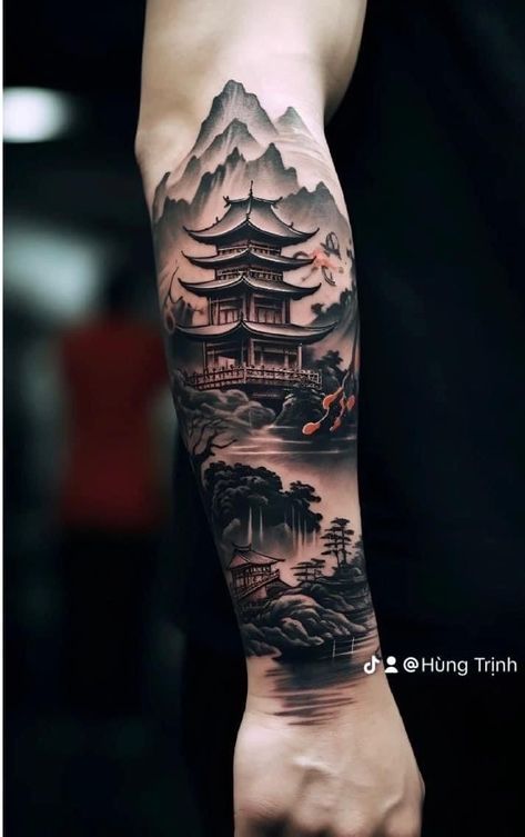 Japanese Nature Tattoo, Japanese Realistic Tattoo, Half Sleeve Japanese Tattoos For Men, Japanese Forearm Tattoo For Men, Japan Sleeve Tattoo, Mens Japanese Tattoos, Japanese Building Tattoo, Japanese Tattoo Art Men, Traditional Japanese Tattoos For Women