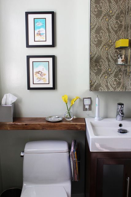 small bathroom space solution - beam over toilet for extra counter space Bathroom Counter Extension, Countertop Above Toilet, Countertop Over Toilet, Counter Over Toilet, Coastal Townhouse, Styling Apartment, Organic Shelf, Live Edge Table Dining Rooms, Apartment Therapy House Tours