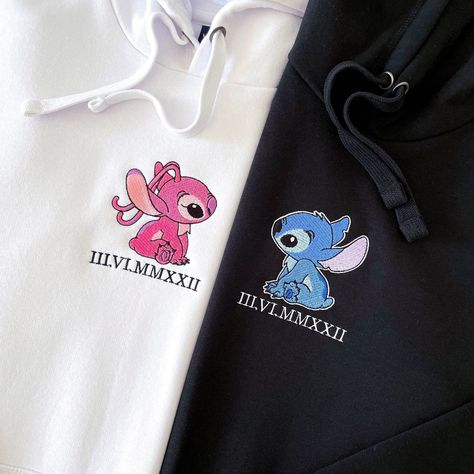 Embroidered Stitch Couple, Couple matching Personalized Hoodie Sweatshirt/Hoodie/Tshirt  MATERIAL DETAILS 🌸 UNISEX T-SHIRT ♡ Bella Canvas - 100% Airlume combed and ringspun cotton (fiber content may vary for different colors) ♡ Light fabric (4.2 oz/yd² (142 g/m 🌸 UNISEX SWEATSHIRT, HOODIE ♡ 50% cotton, 50% polyester ♡ Medium-heavy fabric (8.0 oz/yd² (271.25 g/m ♡ Loose fit 🌸 SIZE ♡ Please note that these are unisex size ♡ Take a look at the photos to see a specific sizing chart for this sweatshirt style ♡ Lay your favorite shirt at home flat and measure armpit to armpit to compare to the size chart in the photos 🌸 WASHING INSTRUCTIONS ♡ Wash inside out, in cold water, on gentle cycle. Tumble dry low or let air dry ♡ Do not use Fabric Softeners or Bleach ♡ Do not dry clean. Avoid ironin Stitch Couple, Embroidery Personalized, Matching Hoodies For Couples, Matching Embroidery, Couple Hoodies, Stitch Hoodie, Matching Hoodies, Couples Sweatshirts, Matching Sweatshirts