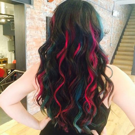 Hair Black Highlights, Black Hair Pink Highlights, Peacock Hair Color, Streaks Hair, Highlights Pink, Turquoise Highlights, Peacock Hair, Bob Hair Color, Color Extensions