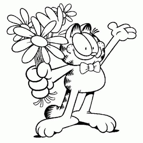 Garfield Holding a Bouquet of Flower Coloring Page - NetArt Garfield Coloring Pages, Cool Coloring Sheets, Garfield Odie, Garfield The Cat, Garfield Cat, Disney Princess Coloring Pages, Valentine Coloring Pages, Quote Coloring Pages, School Coloring Pages