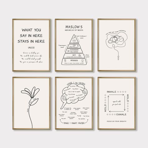 Mental Health Therapy Prints, Set of 6 Psychology Posters for Therapy Office Decor, Printable Wall Art Black, Mental Health Printables This Set of 6 Printable Posters is perfect for your therapy office, or as a self-help inspirational reminder in your home decor. You can use these beautifully designed Original Boho Art Prints to create a a corresponding atmosphere for therapy sessions with clients whether you are a therapist, counselor, teacher or a social worker.  Also makes a perfect gift for Small Therapy Office Decor Ideas, Therapist Office Wall Art, Health Coach Office Design, Office Ideas Therapist, School Psychology Office Decor, Therapist Must Haves, Office Decor Therapist, Therapy Office Artwork, Mental Health Therapist Office Decor