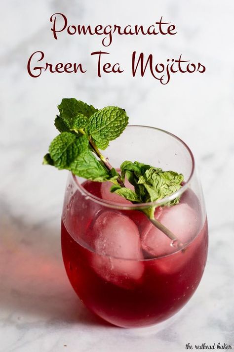 Pomegranate green tea mojitos are a Moroccan twist on a Cuban cocktail. The classic mint-and-lime drink gets an extra flavor twist from pomegranate and green tea. #ProgressiveEats Moroccan Alcoholic Drinks, Moroccan Cocktails, Moroccan Cocktail, Moroccan Drinks, 80s Drinks, Green Tea Cocktail, Moroccan Dinner, Pomegranate Drinks, Desert Magic