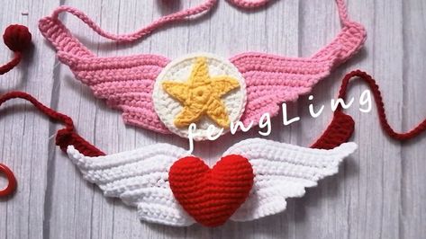 Handmade lovely wing collar with star, or pet bandana with love. You can get it on youtube channel fengling-crochet. Crochet Pet Collar, Crochet Collar Pattern, Crochet Dog Clothes, Crochet Pet, Crochet Beautiful, Geek Crafts, Wing Collar, Crochet Collar, Cat Fashion