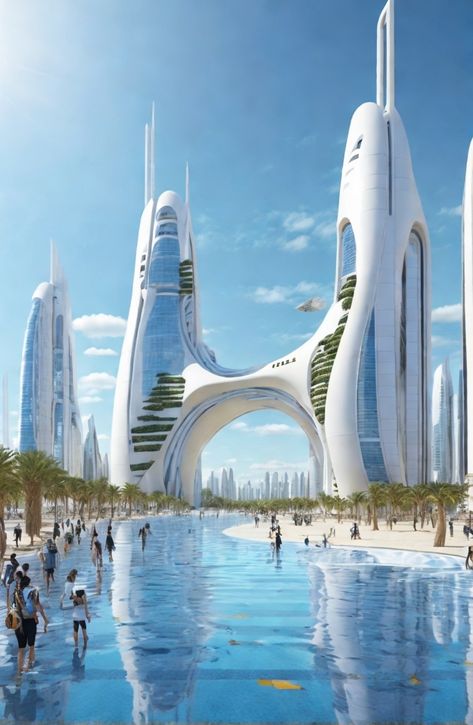 The year is 2030. A white city that rises from the desert, where sand and heat are transformed into energy and beauty. The city is a miracle of technology, using solar panels and mirrors to create electricity and water. The people are optimistic and visionary, dreaming of a better future for humanity. #Future2030 #FuturisticCivilization #InnovativeArchitecture #SustainableDesign #AdvancedTransportation #GreenUrbanSpaces #NatureMeetsTechnology #RenewableRevolution #OptimisticFuture #illustration Future Spaceship, Futuristic Cities, Future City Concept, Water City, Future World, Futuristic City Concept Art, Futuristic Cities Utopia, Beautiful Futuristic City, White Futuristic Aesthetic