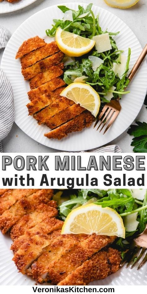 Breaded pork cutlet with arugula salad and lemon slices on a plate. Pork Milanese, Pork Cutlet Recipes, Cheese Pork Chops, Healthy Pork Chops, Best Pork Chop Recipe, Healthy Pork, Fancy Dinner Recipes, American Recipes, Pork Cutlets