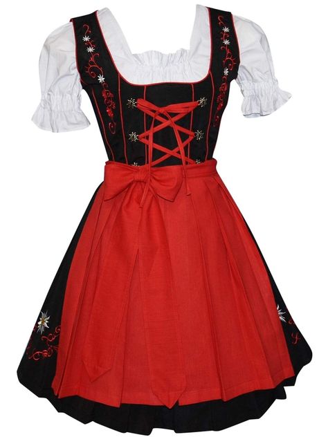 PRICES MAY VARY. 65% Cotton, 35% Polyester Zipper closure Dry Clean Only 3-PIECE OUTFIT: This 3-piece black and red dirndl set includes a white crop top blouse, dirndl dress, and red apron. Wear together for an authentic German look or separately to create your own customized Oktoberfest outfit EMBROIDERY DETAILING: This beautiful dirndl dress features unique embroidered Edelweiss flower detailing for added authenticity and style. Additional backing is added behind the embroidery to prevent unra White Blouse Crop Top, German Party, Dress Black And Red, Dirndl Dress Oktoberfest, German Dress Dirndl, Ceremonial Clothing, German Oktoberfest, Red Apron, German Dress