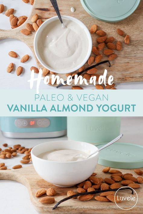 Homemade vanilla almond milk yogurt recipe - Luvele AU Almond Yogurt Recipe, Almond Milk Yogurt Recipe, Homemade Almond Milk Yogurt, Luvele Recipes, Yogurt Starter Culture, Wfpb Vegan, Homemade Nut Milk, Yoghurt Recipe, Almond Milk Yogurt