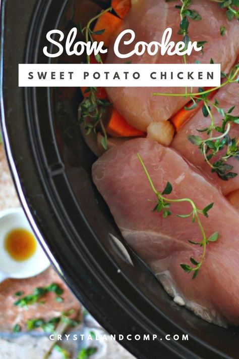 Chicken and sweet potatoes in the Crockpot.... and easy summer recipe that won't heat the house up. #slowcooker #crockpot #dinnerrecipes #chickenrecipes #sweetpotatoes #crystalandcomp Slow Cooker Chicken Sweet Potato, Sweet Potato Chicken Crockpot Recipes, Crock Pot Recipes Sweet Potato, Slow Cooker Chicken And Sweet Potatoes, Chicken And Sweet Potato Recipe Crockpot, Crockpot Chicken Sweet Potato, Chicken Sweet Potato Crockpot, Potato Chicken Recipes, Sweet Potato Chicken Recipes