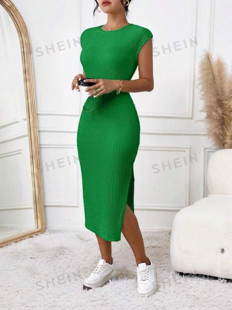 SHEIN Frenchy Summer Leisure Side Split Slim Bodycon Dress, Fit Knitted Ribbed Casual Summer Dress,Cap Sleeve Teacher Dress | SHEIN USA Teacher Dress, Teacher Dresses, Slim Bodycon Dress, Cap Dress, Casual Summer Dresses, Side Split, Cap Sleeve, Summer Dress, Cap Sleeves