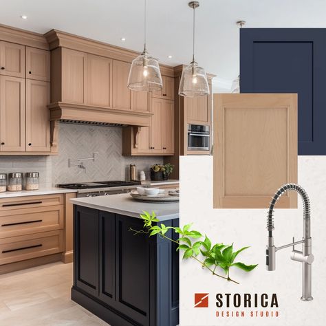 Two-tone kitchen design: The warm, natural beauty of maple cabinets paired with a deep blue island creates a kitchen space that’s not only functional but a true style statement. This blend of earthy wood tones and a pop of dark blue adds depth and character, making a kitchen the heart of the home. Perfect choice for our client who appreciates a blend of classic and contemporary, a design that ensures the kitchen is inviting and stylish. White Oak And Navy Kitchen Cabinets, Dark Blue Kitchen Islands, Dark Two Tone Kitchen Cabinets, Brown And Navy Kitchen, Wood Cabinets With Painted Island, Wood Cabinets Painted Island, Blue And Wood Kitchen Cabinets, Two Tone Kitchen Cabinets Ideas, 2025 Kitchen Cabinet Trends Color