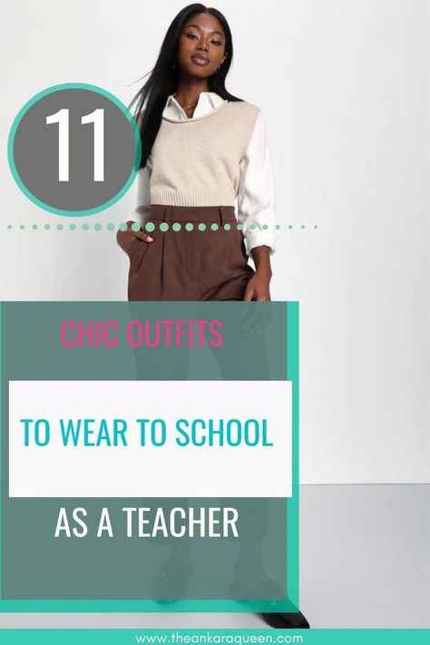 A black woman with long straight black hair wears a white button-down shirt under a cream colored sleveeless vest and dark brown pants. She wears black loafers on her feet. Chic Teacher Outfits, Academic Conference, Teacher Outfit Ideas, Outfits To Wear To School, Outfits For Black Women, Modern Tuxedo, High School Teachers, Stylish Midi Dress, Best Blazer