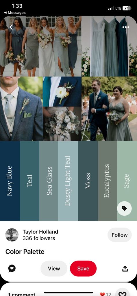 Navy Blue Teal Wedding, Teal Blue And Sage Green Wedding, Navy And Teal Wedding Theme, Dark Blue And Green Bridesmaid Dresses, Wedding Color Schemes Turquoise, Deep Blue And Sage Wedding, Wedding Color Schemes With Teal, Teal And Light Blue Wedding, Teal And Eucalyptus Wedding