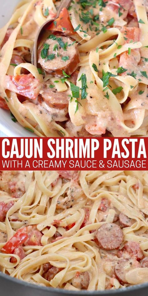 cajun shrimp and sausage pasta in bowl and in skillet Sausage And Shrimp Recipes, Andouille Sausage Pasta, Cajun Pasta Recipes, Shrimp And Sausage Pasta, Cajun Sausage Pasta, Creamy Cajun Pasta, Creamy Cajun Shrimp Pasta, Shrimp And Sausage, Cajun Sausage