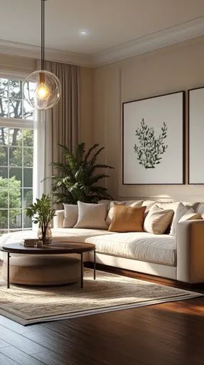 ↑↑↑ Larger size on website 🔸 A spacious living room with a large white sectional sofa, a round coffee table and a large window wi Oval Sofa, Airy Living Room, Window With A View, White Sectional Sofa, White Sectional, Brown Throw Pillows, Large Window, Hanging Light Fixtures, Sofa Living