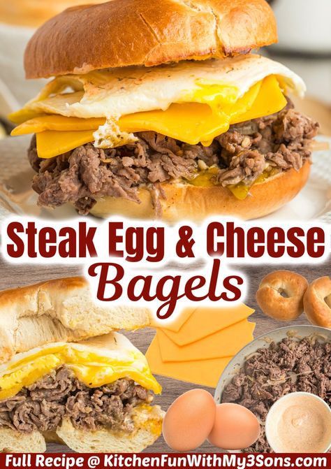 This Steak Egg and Cheese Bagel recipe is both tasty and filling. It’s the perfect handheld breakfast that can be enjoyed any day of the week. With the bright and creamy sauce and juicy steak, you will want it for every meal! Steak And Cheese Bagel, Mcdonald’s Steak Egg And Cheese Bagel Sandwich, Steak Egg And Cheese Bagel, Cheese Bagel Recipe, Fun Food Ideas For Kids, Handheld Breakfast, Egg And Cheese Bagel, Steak Breakfast, Bagel Breakfast Sandwich