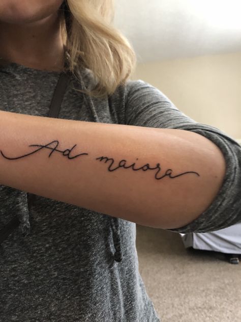 Ad maiora- Latin for toward greater things Ad Meliora Tattoo, Ad Maiora Tattoo, Ad Meliora, Gaming Tattoo, Quotes Tattoos, Line Tattoos, Tattoo Tattoo, Tattoo Fonts, Wrist Tattoos