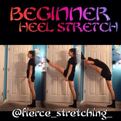 Hi guys! Here's a great heel stretch, stretch! Find a wall and stand about 2 ft from it. Make sure you are facing it:) lift up your heel stretch leg straight in front of you and slide it up the wall till the top of your foot is even with your nose/mouth! Lean down towards your leg , grab it and pull yourself down! Hope this helps you guys:) DONT FORGET ABOUT OF FLEXIBILITY CONTEST!!:)) ∞Meg Heel Stretch Stretches, Cheer Heel Stretch, Cheerleading Memes, Cheer Flexibility, Cheer Stretches, Cheerleading Tips, Cheerleading Workouts, Cheer Hacks, Cheer Things