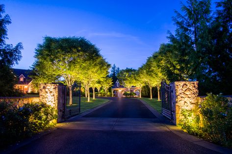 Low Voltage Landscape Lighting, Driveway Entrance Landscaping, Farm Entrance, Driveway Lighting, Landscape Lighting Design, Driveway Entrance, Farm Gate, Driveway Design, Driveway Landscaping