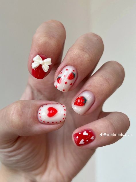 Strawberry Shortcake Nails, Strawberry Shortcake Hair, Nails Strawberry, Cherry Nail Art, Strawberry Nails, Short Nail Manicure, Self Nail, Cherry Nails, Simple Gel Nails