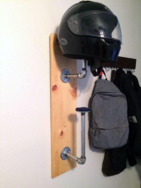 DIY Helmet Rack | Ridewell Bike Helmet Storage, Diy Helmet, Helmet Rack, Helmet Holder, Helmet Storage, Motorcycle Diy, Moto Ducati, Diy Motorcycle, Motorcycle Garage