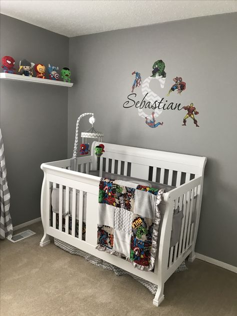 Baby Boy Nursery Avengers Nursery Ideas, Marvel Theme Nursery, Nursery Ideas Superhero, Rugrats Nursery, Marvel Themed Nursery, Marvel Baby Nursery, Marvel Nursery Ideas, Superhero Nursery Baby Boy, Spiderman Nursery