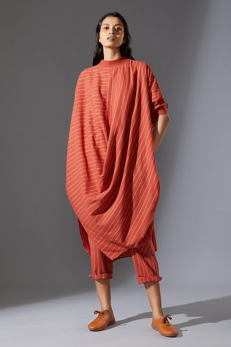 Buy Mati Orange Cotton Handwoven Cowl Tunic And Pant Set Online | Aza Fashions Shirt Jacket Men, Cowl Dress, Pants Fit, Indian Fashion Designers, Matching Pants, Dress Suits, Striped Pants, Natural Fabrics, Neck Shirt