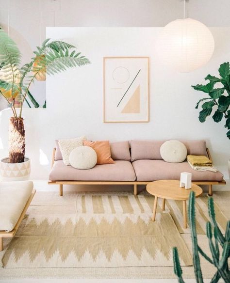 minimal colorful home decor, plant life, plants home decor, soft cheerful colors for home decor, living room home decor with soft pinks and yellows 80s Home, Interior Design Per La Casa, Interior Vintage, Decor Ikea, Small Living Room Decor, Trendy Living Rooms, Living Room Scandinavian, Boho Living Room, A Living Room