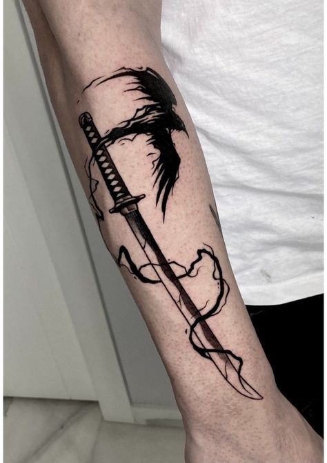 Fallen Samurai Tattoo, Akame Ga Kill Tattoo Ideas, Male Forearm Tattoo Ideas, Black Clover Tattoo Ideas, Men's Tattoo Ideas Arm, Metal Tattoo Ideas, Black Clover Tattoo, Arm Tattoos For Guys Forearm, Half Sleeve Tattoos Forearm