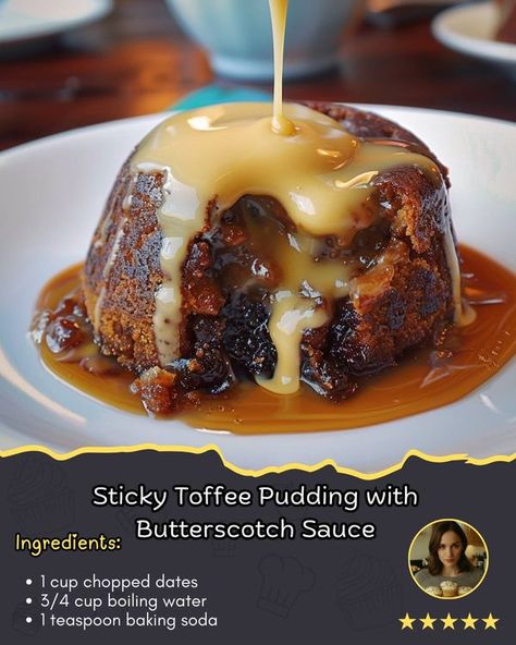 Easy Daily Recipes | Sticky Toffee Pudding with Butterscotch Sauce  | Facebook Sticky Toffee Pudding Easy, Sticky Toffee Pudding With Custard, Sticky Toffee Pudding With Butterscotch Sauce, Steamed Sticky Toffee Pudding, English Sticky Toffee Pudding, Chopped Dates, Dessert Squares, Butterscotch Sauce, Butterscotch Pudding