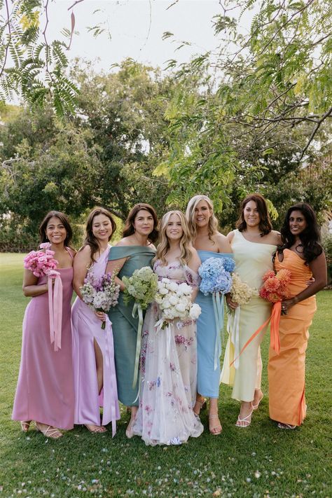 A delicious sorbet dream. ⁠ ⁠ Alice and her bridesmaids popped with colour. I love how colour celebrates each of their personalities and style. Not to mention that they look sweet and sugary. 🍭⁠ ⁠ Lei x⁠ ⁠ Photographer: @Leileiclavey⁠ Venue: @Greyleigh.Kiama⁠ Wedding Planner: @Greyleigh.Kiama⁠ Celebrant: @Wedbysteph⁠ Florist: @Piaandjade⁠ Dress Designer: @Savinlondon⁠ Bride's Shoes: @Loefflerrandall⁠ Pastel Bridesmaids, Floristry Design, Dress Code Wedding, Bridesmaid Colors, Mismatched Bridesmaid Dresses, Southern Highlands, Bright Wedding, Melbourne Wedding, Bridesmaid Dress Colors