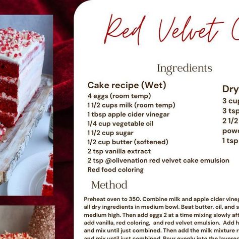 OliveNation on Instagram: "Dive into the irresistible allure of our Red Velvet Cake recipe! Made with love and featuring OliveNation's red velvet cake emulsion, this cake is a divine treat for any occasion. Using our specially designed 10 x 4 layered cake pan from Fancy Flours, each layer is perfection waiting to be devoured. 🔴 Crafting the layers: The combination of wet and dry ingredients creates a symphony of flavors. With 4 eggs, a blend of cocoa, and a touch of OliveNation's red velvet cake emulsion, each bite is a journey into deliciousness. ⚪ Cream Cheese Frosting bliss: Our creamy frosting, whipped to perfection with cream cheese, butter, powdered sugar, and vanilla extract, adds the final touch of decadence to this masterpiece. Share your baking joy with us! Tag us in your Red Redvelvet Cake Recipe, Easy Red Velvet Cake Recipe, Red Velvet Cake Ingredients, Cake Ingredients List, Red Velvet Cake Decoration, Red Velvet Cake Recipe Easy, Easy Red Velvet Cake, Cream Cheese Butter, Easy Red Velvet