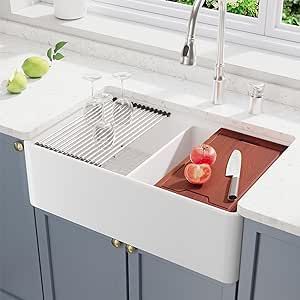 Lordear Workstation Double Bowl Kitchen Sink 33 Inch White Farmhouse Sink Porcelain Fireclay Ceramic Apron Front Kitchen Sink Undermount Double Basin Farmhouse Kitchen Sinks Farm Sink With Divider, Double Ceramic Sink Kitchen, Double Porcelain Kitchen Sink, Ceramic Apron Sink, White Double Basin Kitchen Sink, Sink Workstation, Kitchen Sink Undermount, Sink Undermount, Front Kitchen